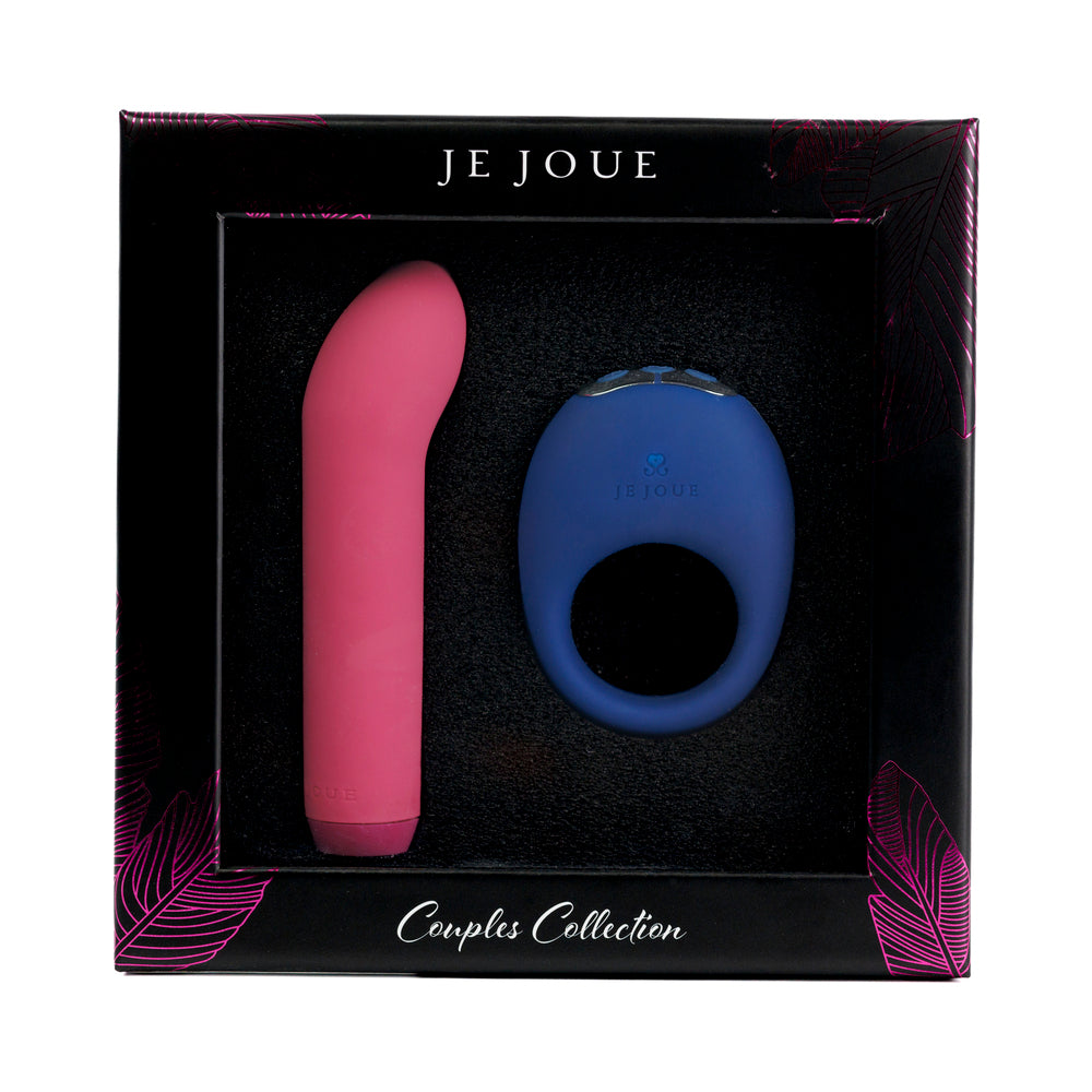 Je Joue Couples Collection Sex Toy Gift Set featuring a pink vibrator and blue cock ring in luxury packaging.