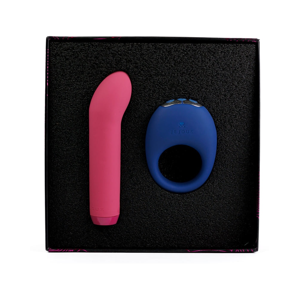 Je Joue Couples Collection Sex Toy Gift Set featuring a pink vibrator and blue ring in a black box.