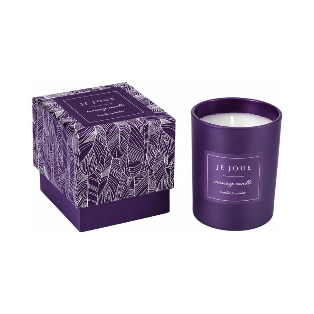 Je Joue Purple Vanilla Massage Candle 160g in purple packaging and candle for a sensual experience.