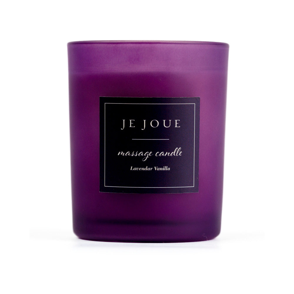 Je Joue Purple Vanilla Massage Candle 160g in a purple glass container.