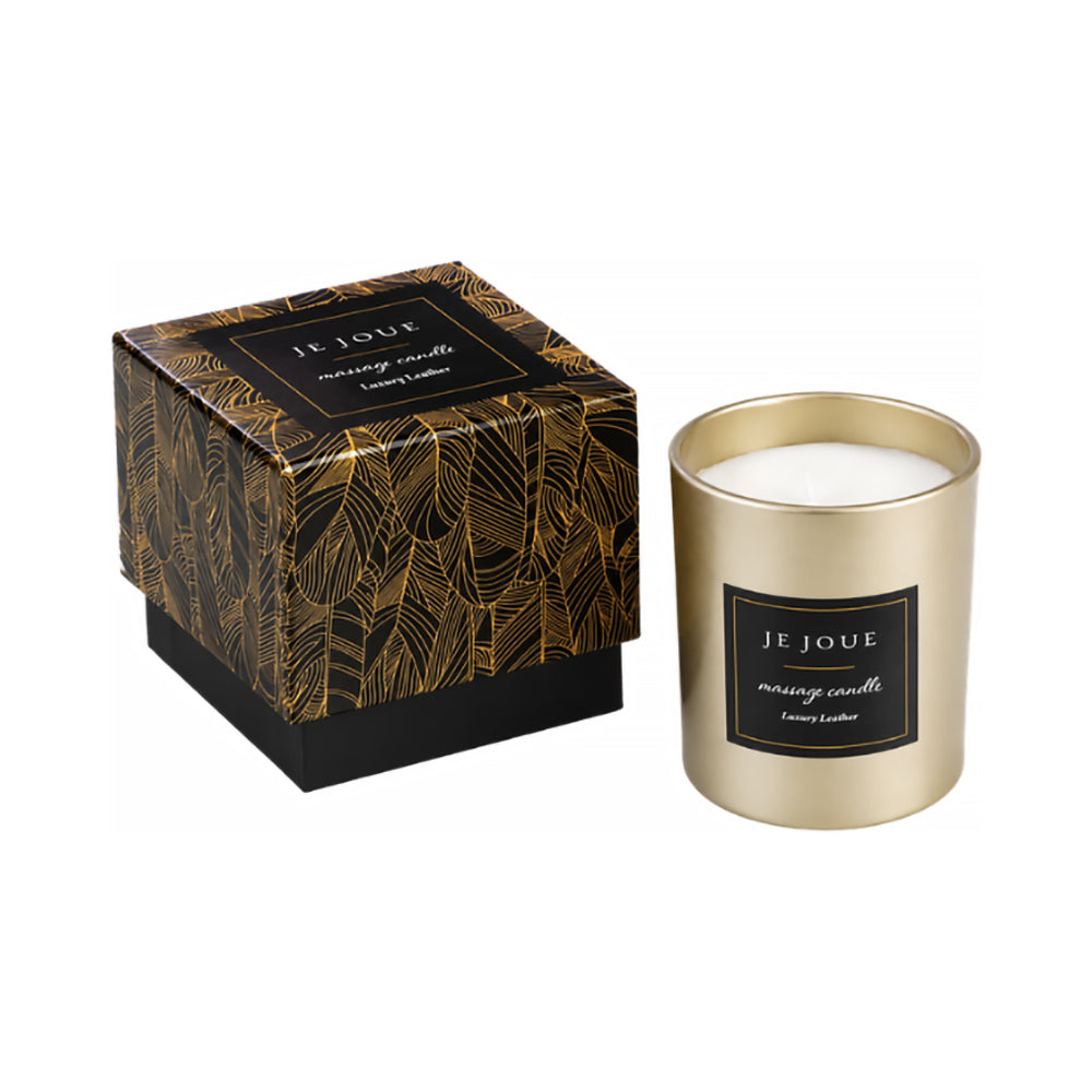 Je Joue Luxury Leather Massage Candle 160g in elegant packaging, offering a luxurious aromatherapy experience.