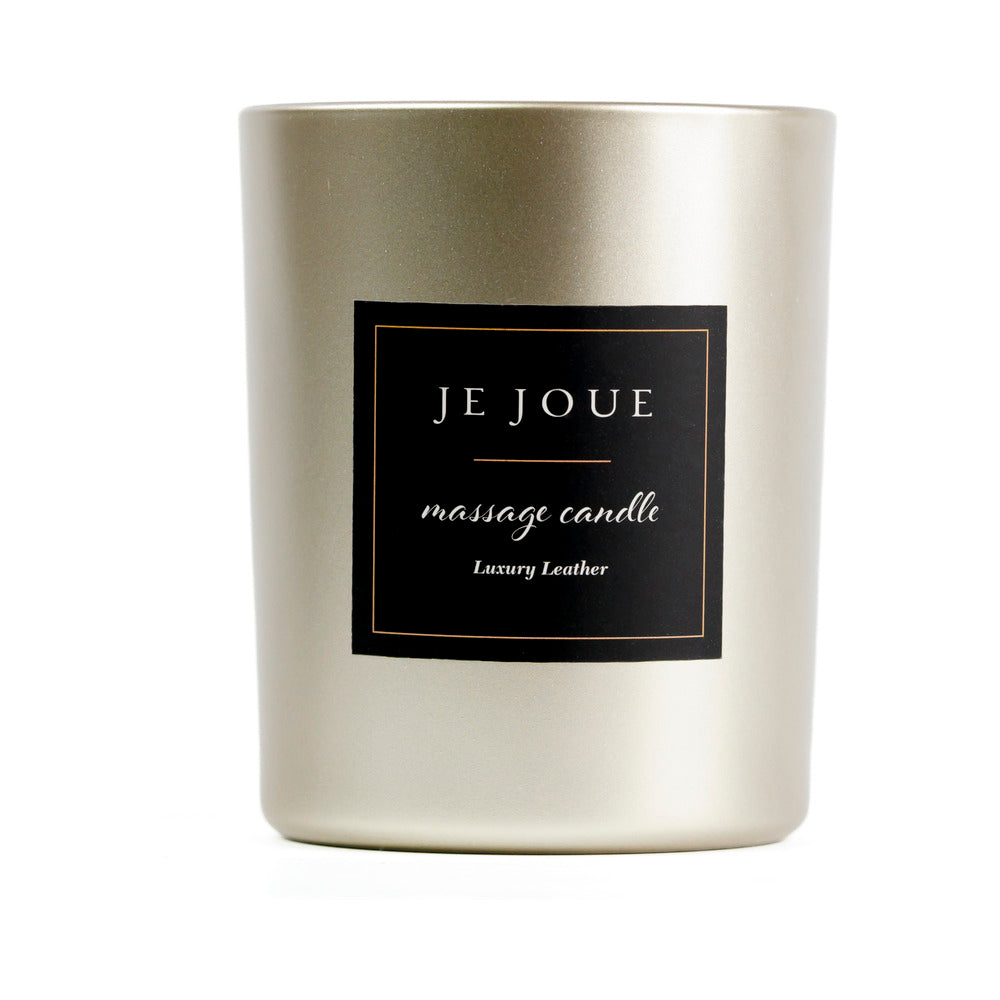 Je Joue Luxury Leather Massage Candle 160g in a sleek silver container for a luxurious experience.