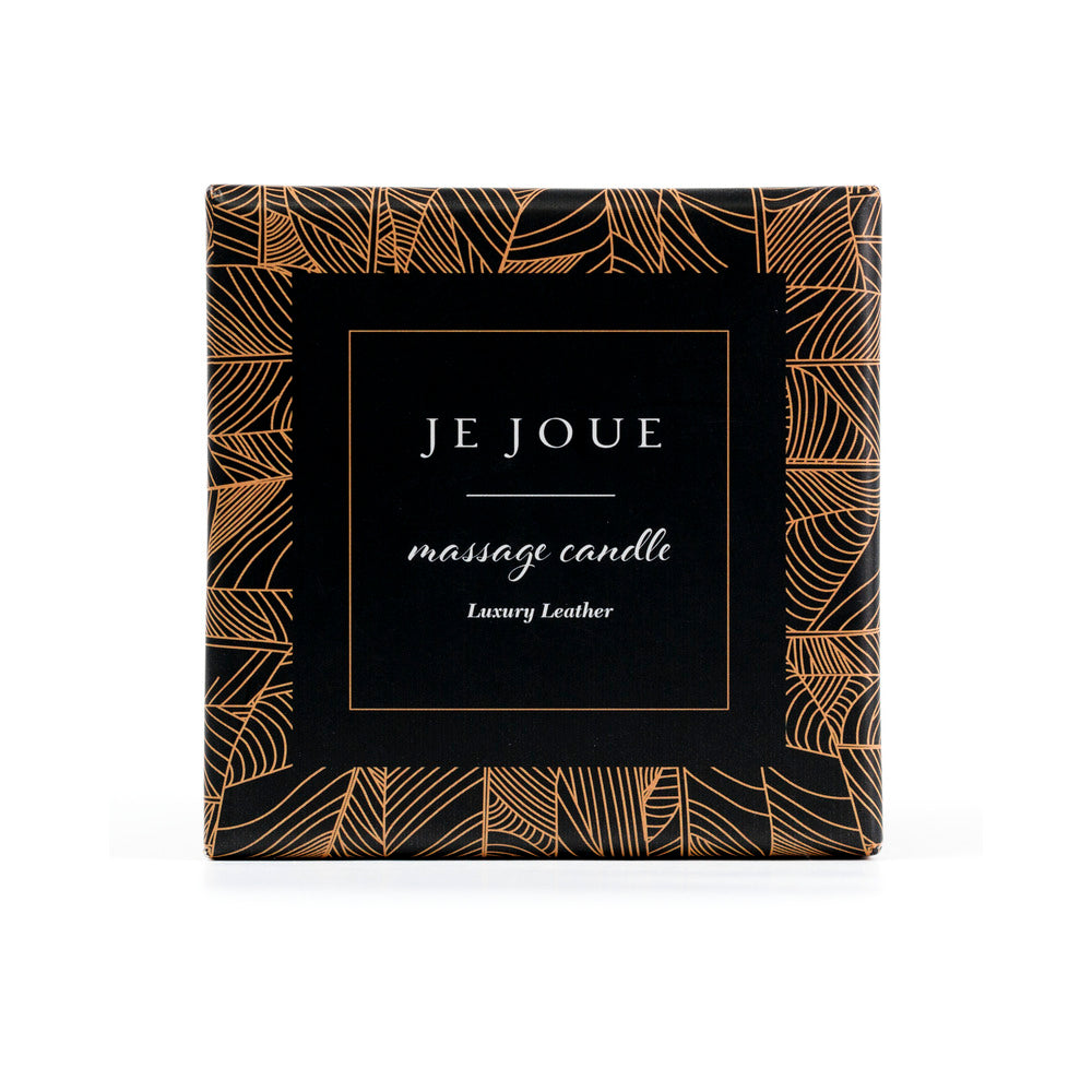 Je Joue Luxury Leather Massage Candle 160g elegantly packaged in black and gold design.