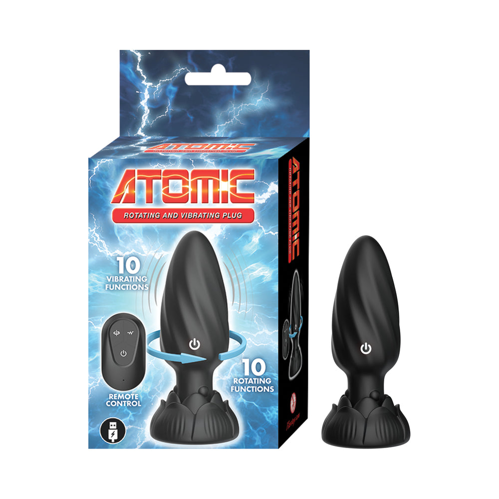 Atomic Rotating & Vibrating Anal Plug Black packaging with remote control and features displayed.
