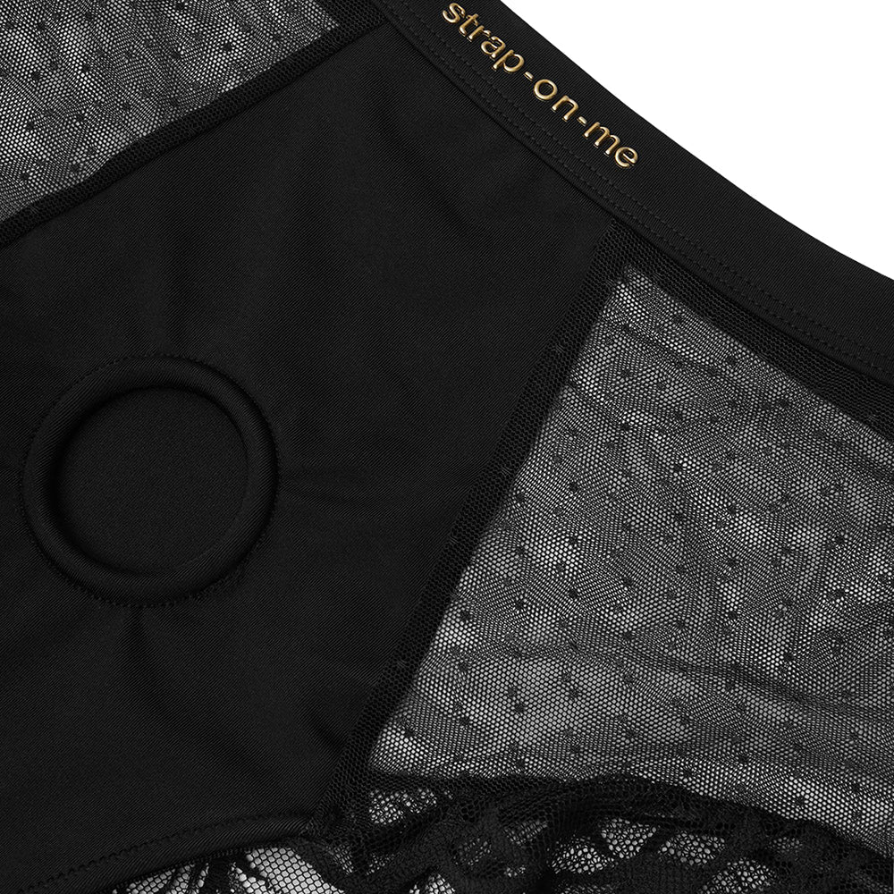 Strap-on-me Divine Lingerie Harness Medium Black close-up showing exquisite material mix and design details.