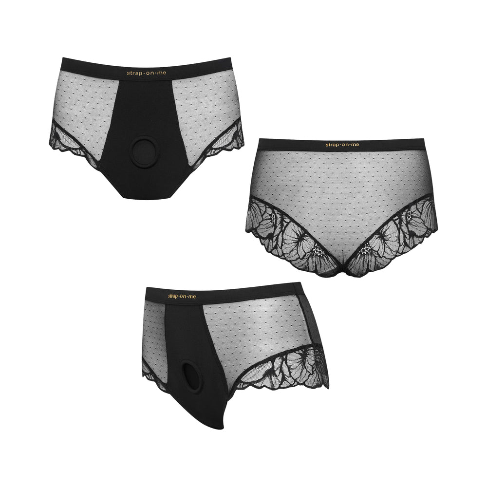 Strap-on-me Harness Lingerie Divine L Black showcasing elegant high-waisted shorty design and floral lace details.