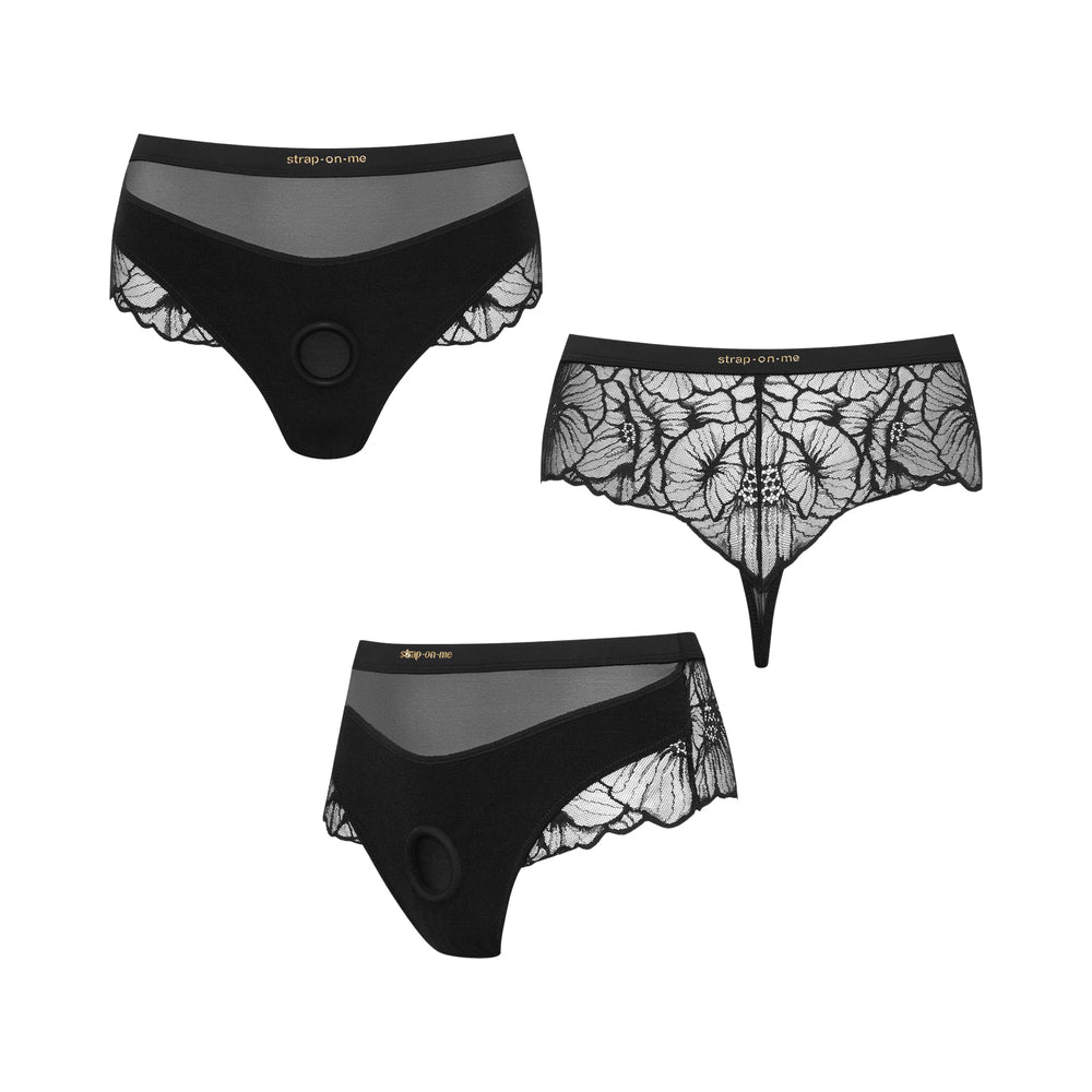 Strap-on-me Sublime Lingerie Harness Small Black set featuring elegant high-waisted thong and delicate lace design.