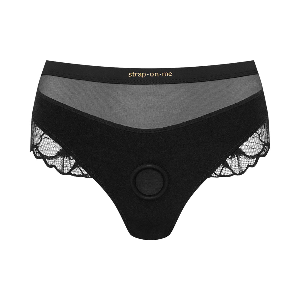 Strap-on-me Sublime Lingerie Harness Large Black featuring a high-waisted thong cut and lace details.