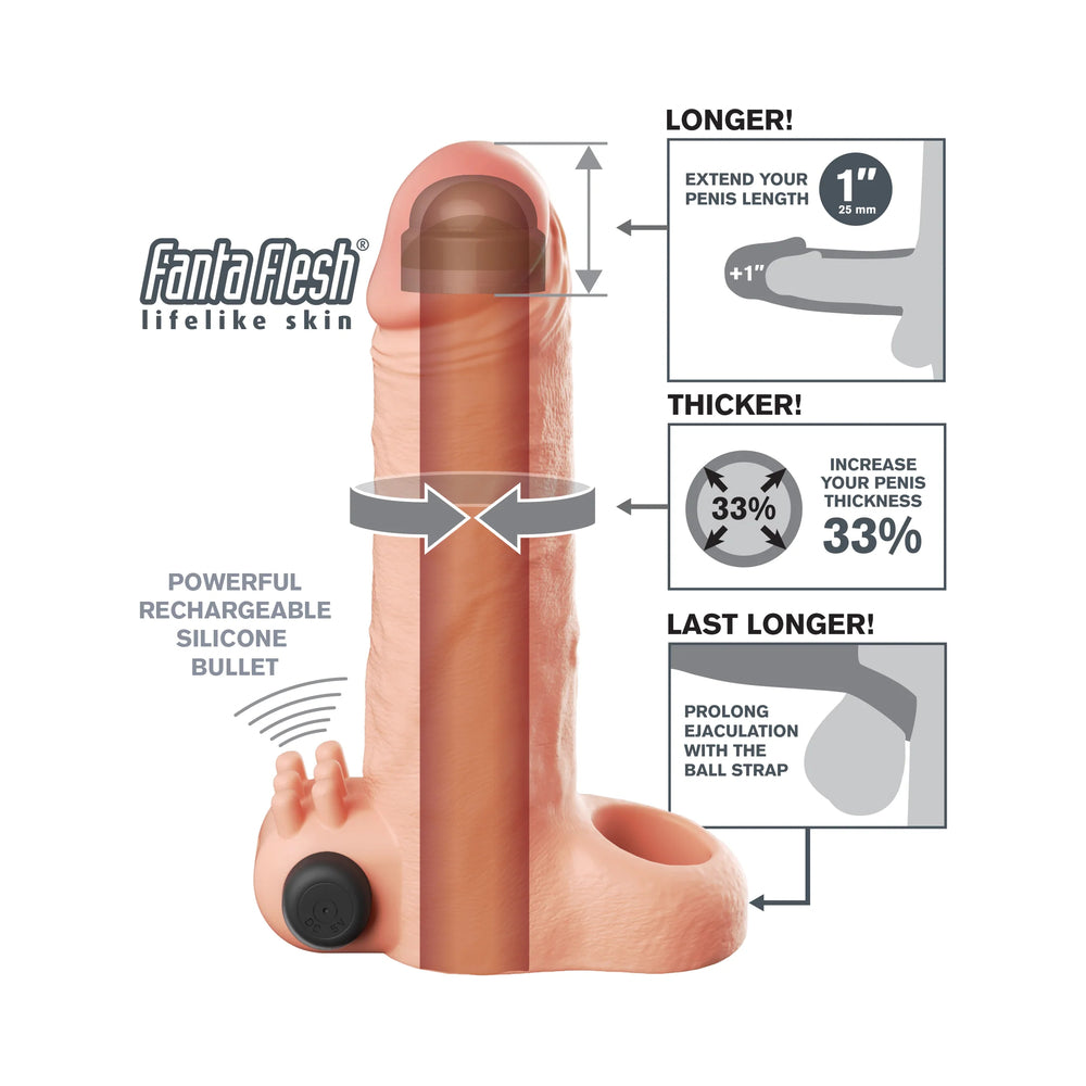Fantasy X-tensions Vibrating Real Feel Extension 1 inch Light features include increased length, thickness, and lasting pleasure.