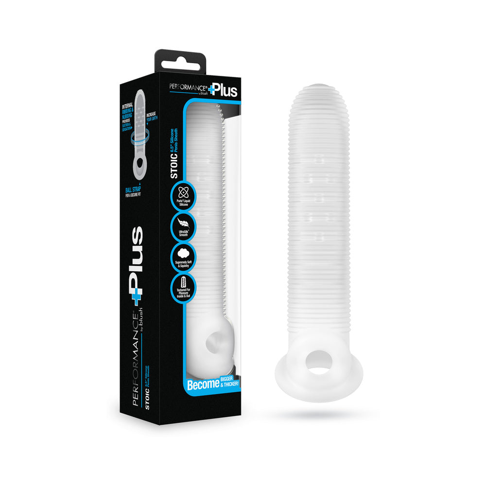 Performance Plus Stoic Silicone Penis Sheath Large in clear silicone, enhancing girth and sensation for added confidence.