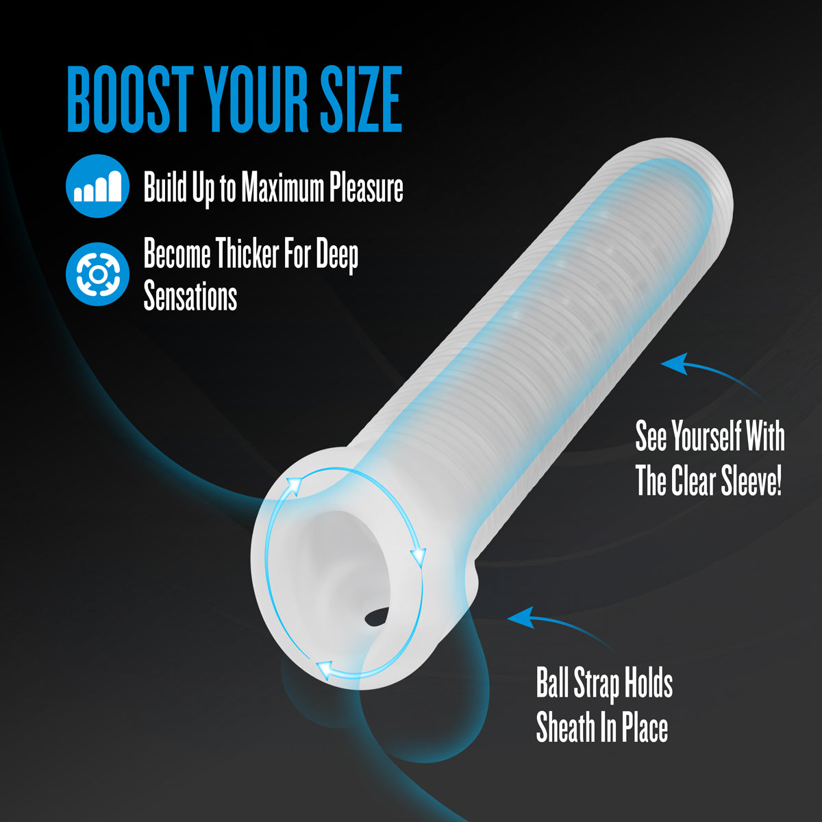 Performance Plus Stoic Silicone Penis Sheath Large features ribbed design for enhanced pleasure and clear visibility.