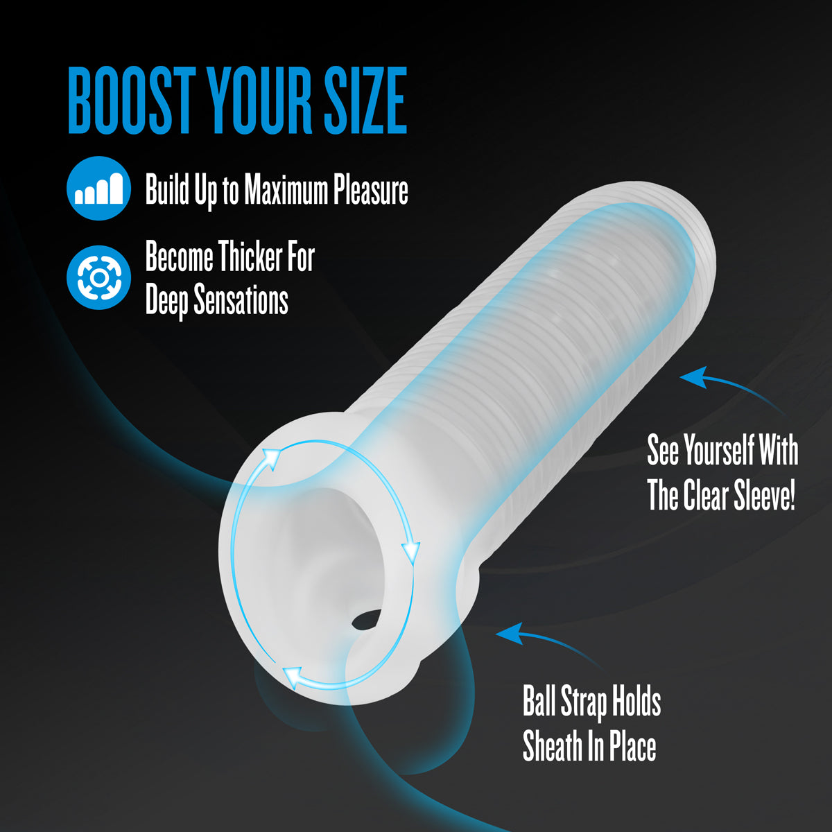 Performance Plus Mercenary Silicone Penis Sheath Small showing features for boosting size and pleasure.