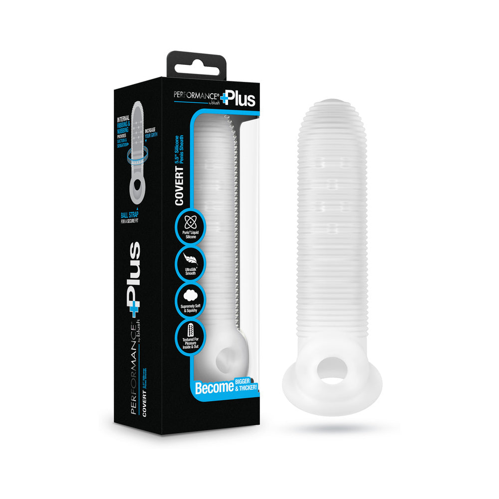 Performance Plus Covert Silicone Penis Sheath Medium with packaging, designed for extra girth and comfort.