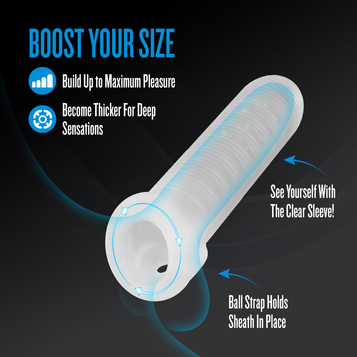 Performance Plus Covert Silicone Penis Sheath Medium showing features for boosting size and pleasure.