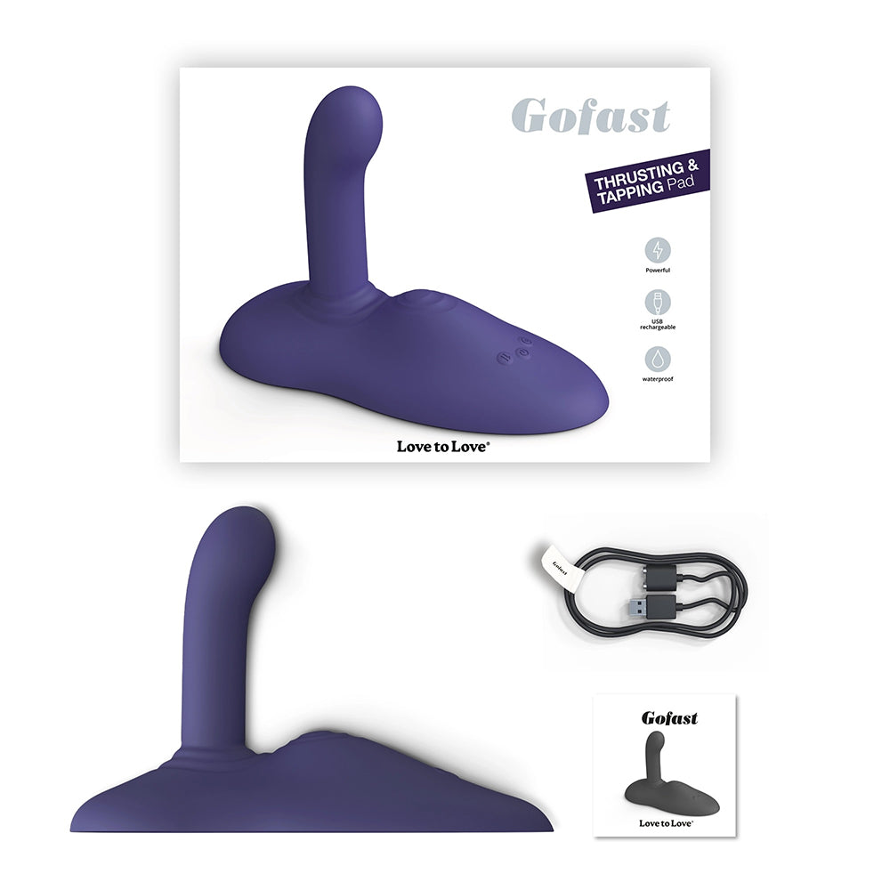 Love To Love Gofast Thrusting Vibrator Midnight Indigo in packaging with charging cable.