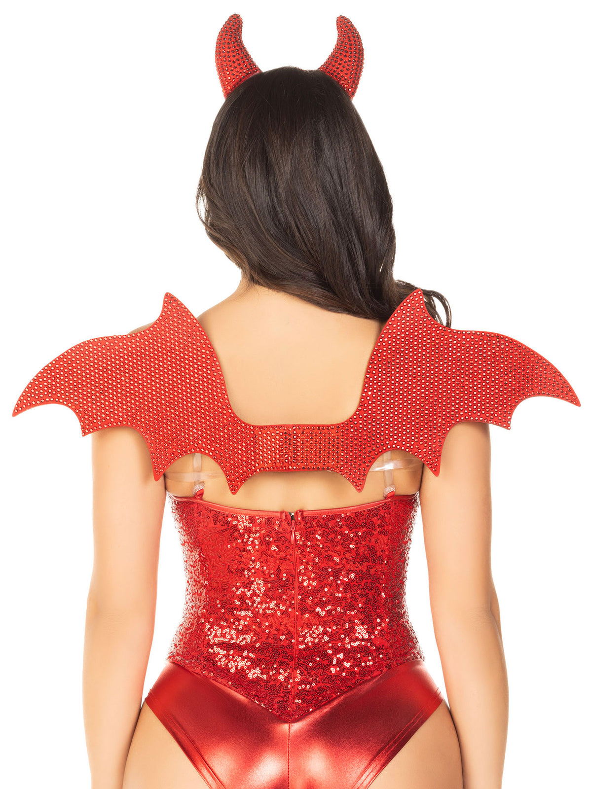 Leg Avenue 2 Piece Devil Wings and Headband Kit Red with rhinestone accents and matching horn headband.