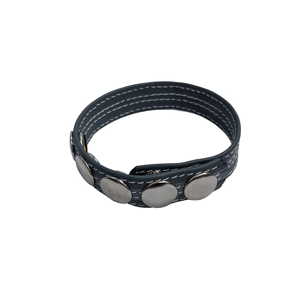 Sex Kitten Leather 5-Snap Cock Ring Black featuring five snap closures for adjustable fit.
