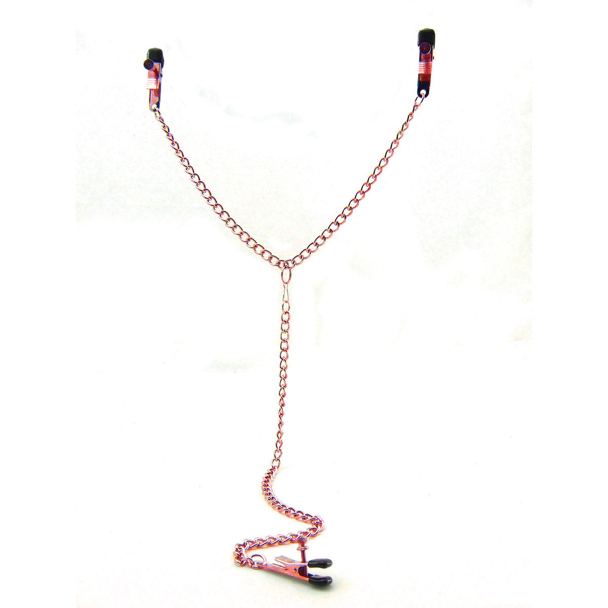 Sex Kitten Y-style Adjustable Nipple and Clit Clamps Pink with chain design on a white background.