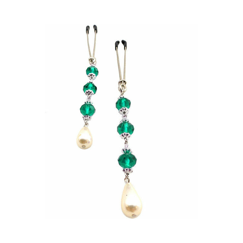 Bijoux De Nip Pearl Turquoise Beaded Nipple Clamps featuring emerald green beads and pearl drops.