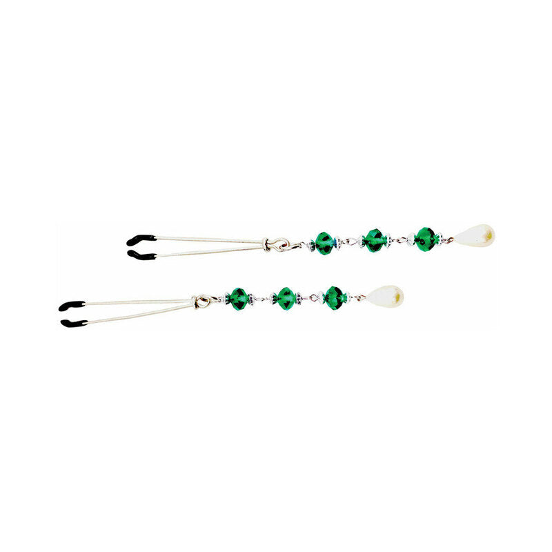 Bijoux De Nip Pearl Turquoise Beaded Nipple Clamps with green beads and shiny chrome design