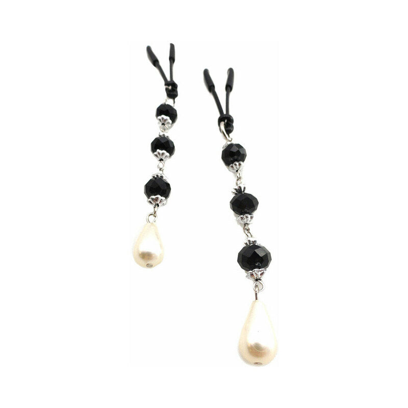 Bijoux De Nip Pearl Black Beaded Nipple Clamps with black beads and pearl teardrop design for elegant nipple play.