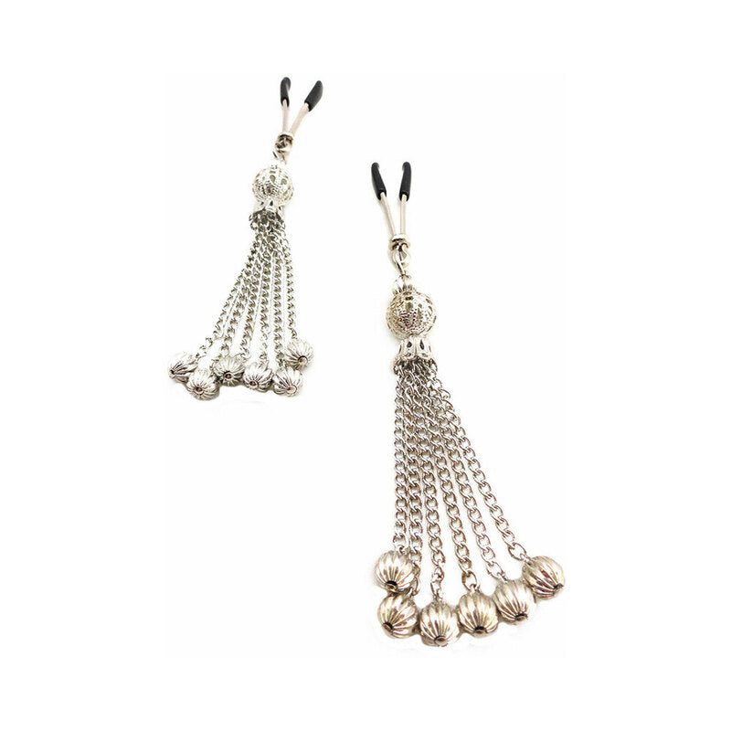 Bijoux De Nip Chain Tassel Nipple Clamps featuring shiny chrome tweezer clamps with silver chain tassels.