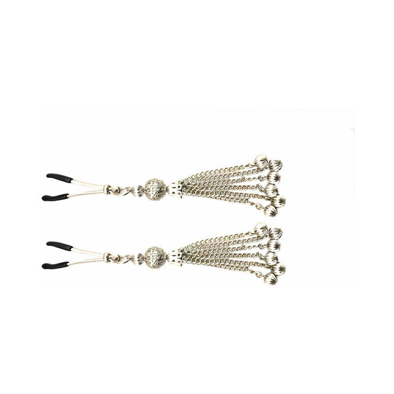 Bijoux De Nip Chain Tassel Nipple Clamps in shiny chrome finish with silver chain tassels for elegant nipple play.