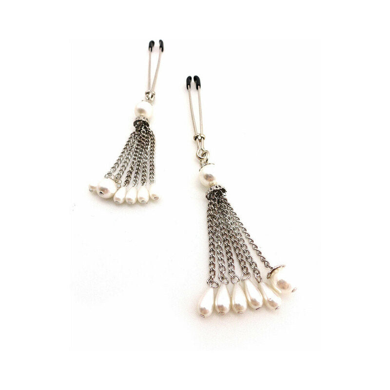 Bijoux De Nip Pearl Tassels Nipple Clamps with faux pearl droplets and silver chain tassels.