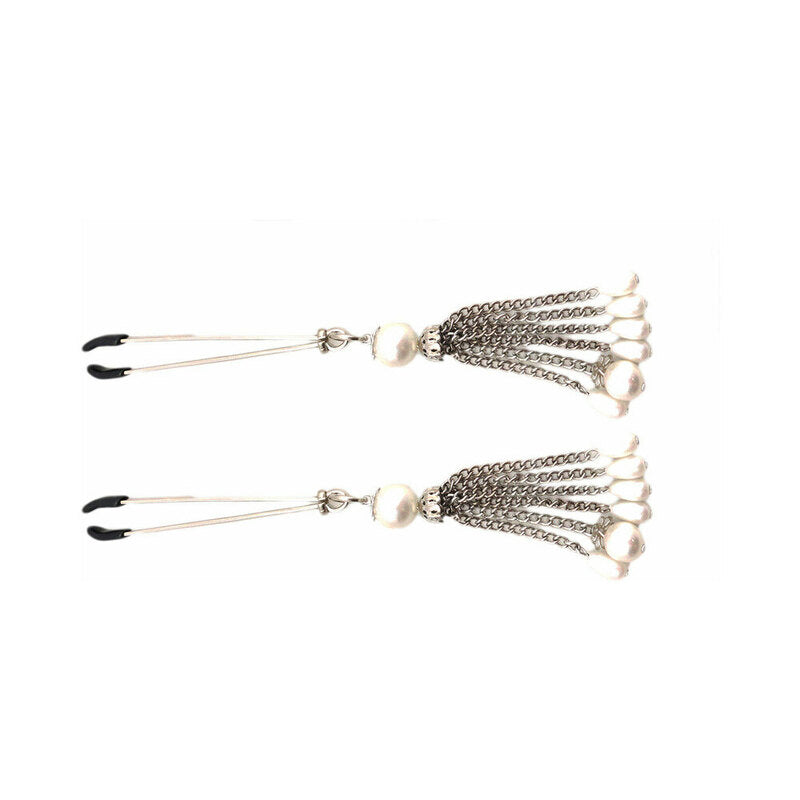 Bijoux De Nip Pearl Tassels Nipple Clamps with faux pearl droplets and silver chain tassels.