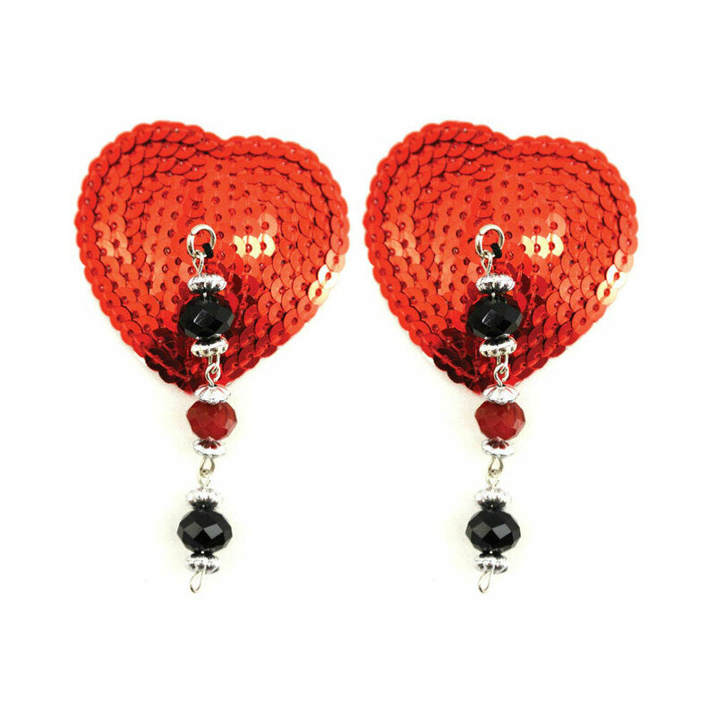 Bijoux De Nip Red Sequin Heart Pasties With Faceted Beads featuring shimmering red sequins and eye-catching bead detailing.
