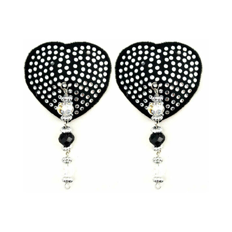 Bijoux De Nip Black Crystal Heart Pasties With Faceted Beads featuring sparkling elements and a bold design.