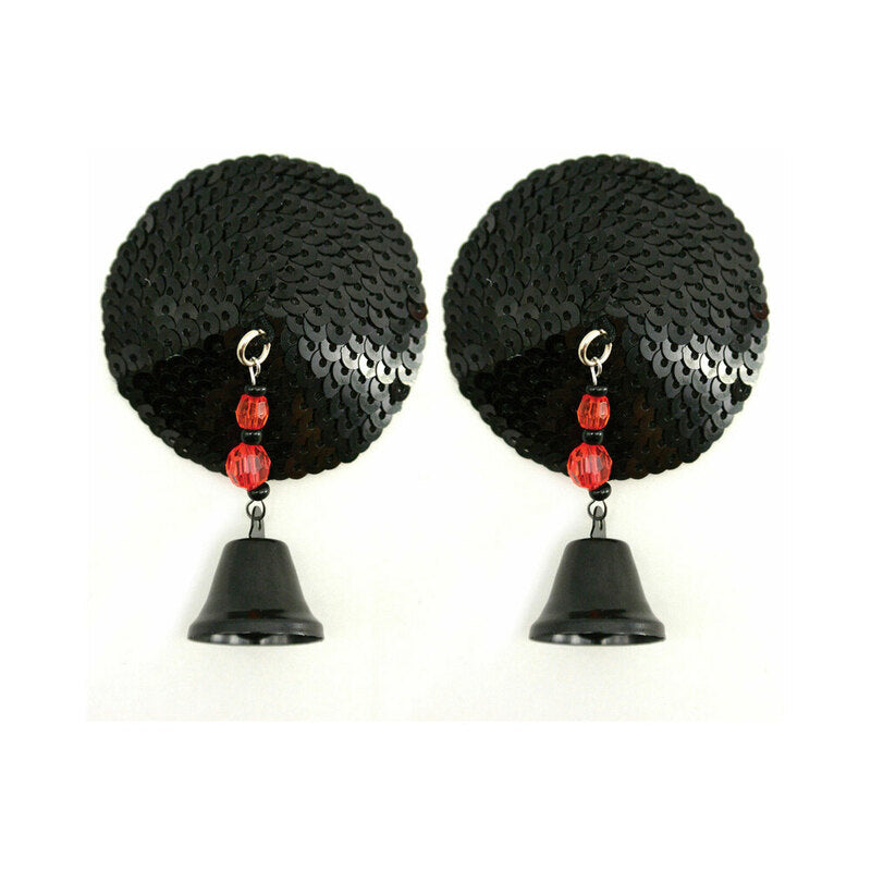 Bijoux De Nip Black Sequin Round Pasties With Bells featuring shimmering sequins and playful bells.
