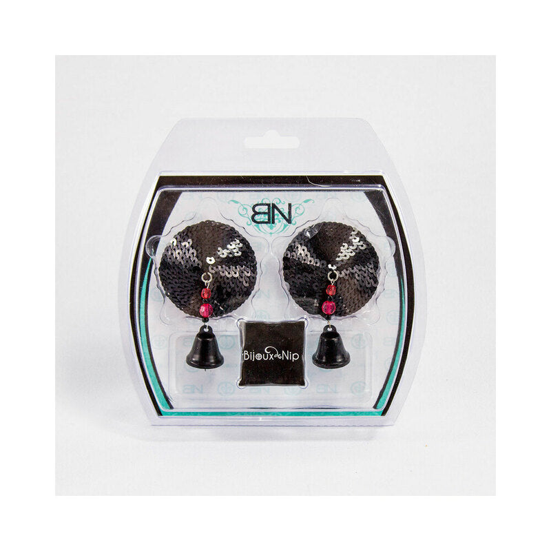 Bijoux De Nip Black Sequin Round Pasties With Bells in packaging showing sequin decorations and bells.