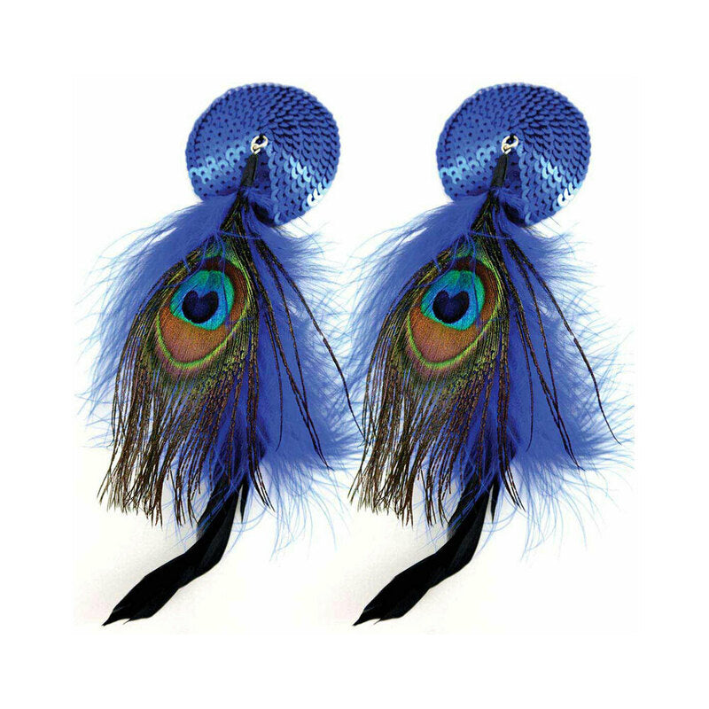 Bijoux De Nip Blue Sequin Round Pasties With Feathers featuring shimmering sequins and colorful peacock feather accents.