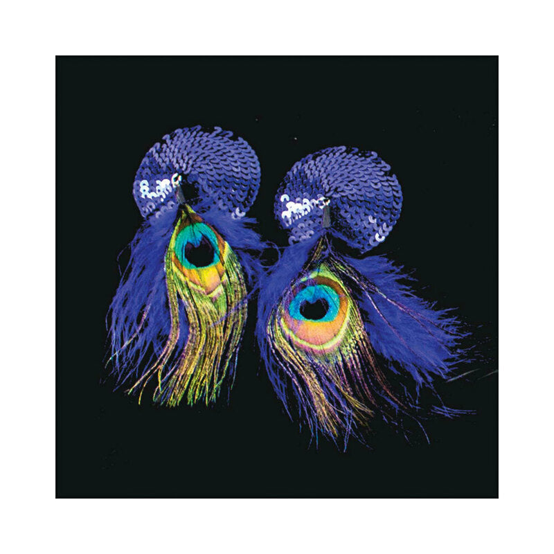 Bijoux De Nip Blue Sequin Round Pasties With Feathers, featuring blue sequins and feather trim for a burlesque flair.