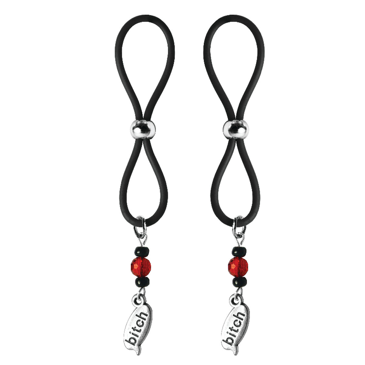 Nipple Halos Bitch Charms Silicone Nipple Jewelry Black with red beads and charms for playful adornment.