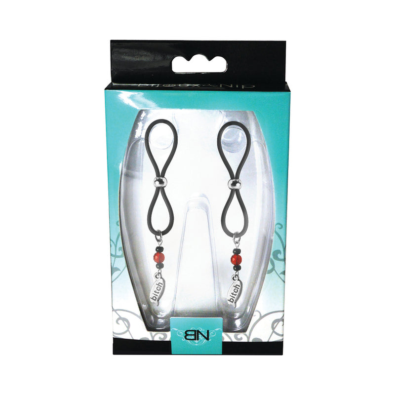 Nipple Halos Bitch Charms Silicone Nipple Jewelry Black packaging with charms and beads displayed.