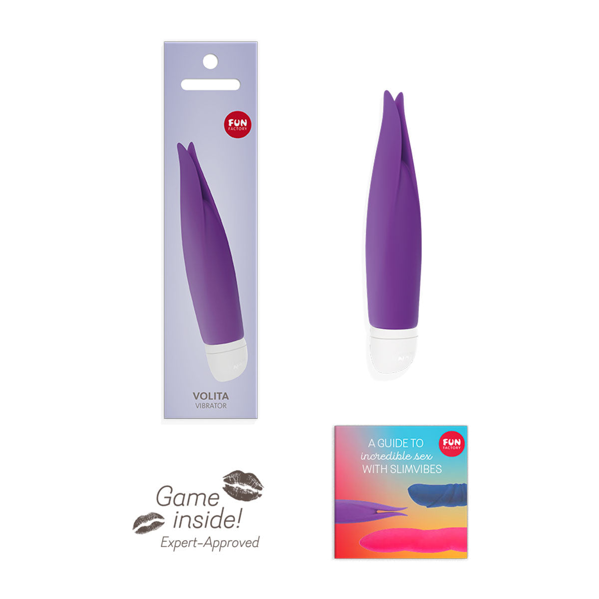 Fun Factory Volita Vibrator Violet in packaging highlighting its travel-friendly design and expert approval.