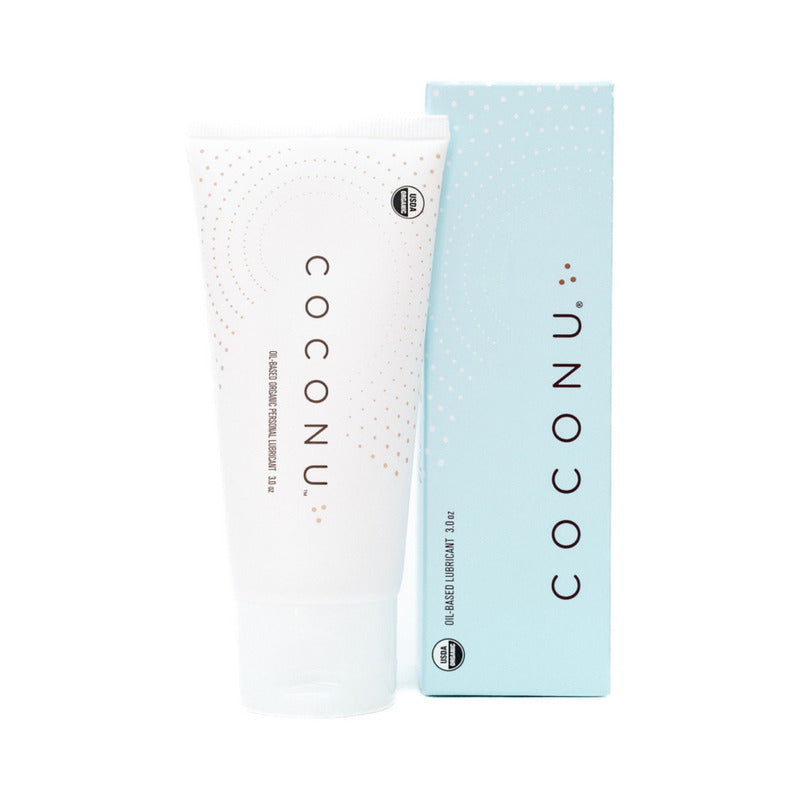 Coconu Oil-Based Organic Personal Lubricant 3 Oz packaging and tube on display.