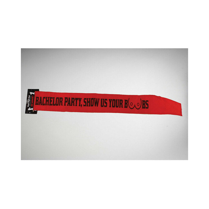 Bachelor Party Show Boobs Sash Red displayed on a white background with black lettering.