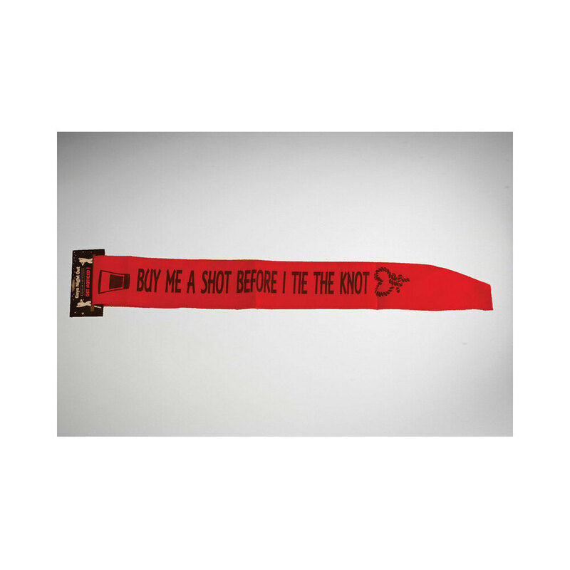 Buy Me A Shot Tie Knot Bachelor Party Sash Red displayed in a vibrant red color, perfect for bachelor celebrations.