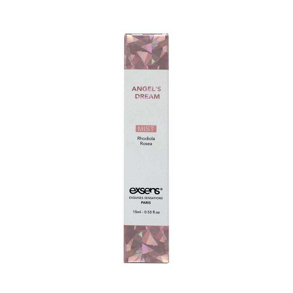 Exsens Pheromone Mist Angel's Dream 0.5 Oz packaging, featuring a pink and white design with Rhodiola Rosea