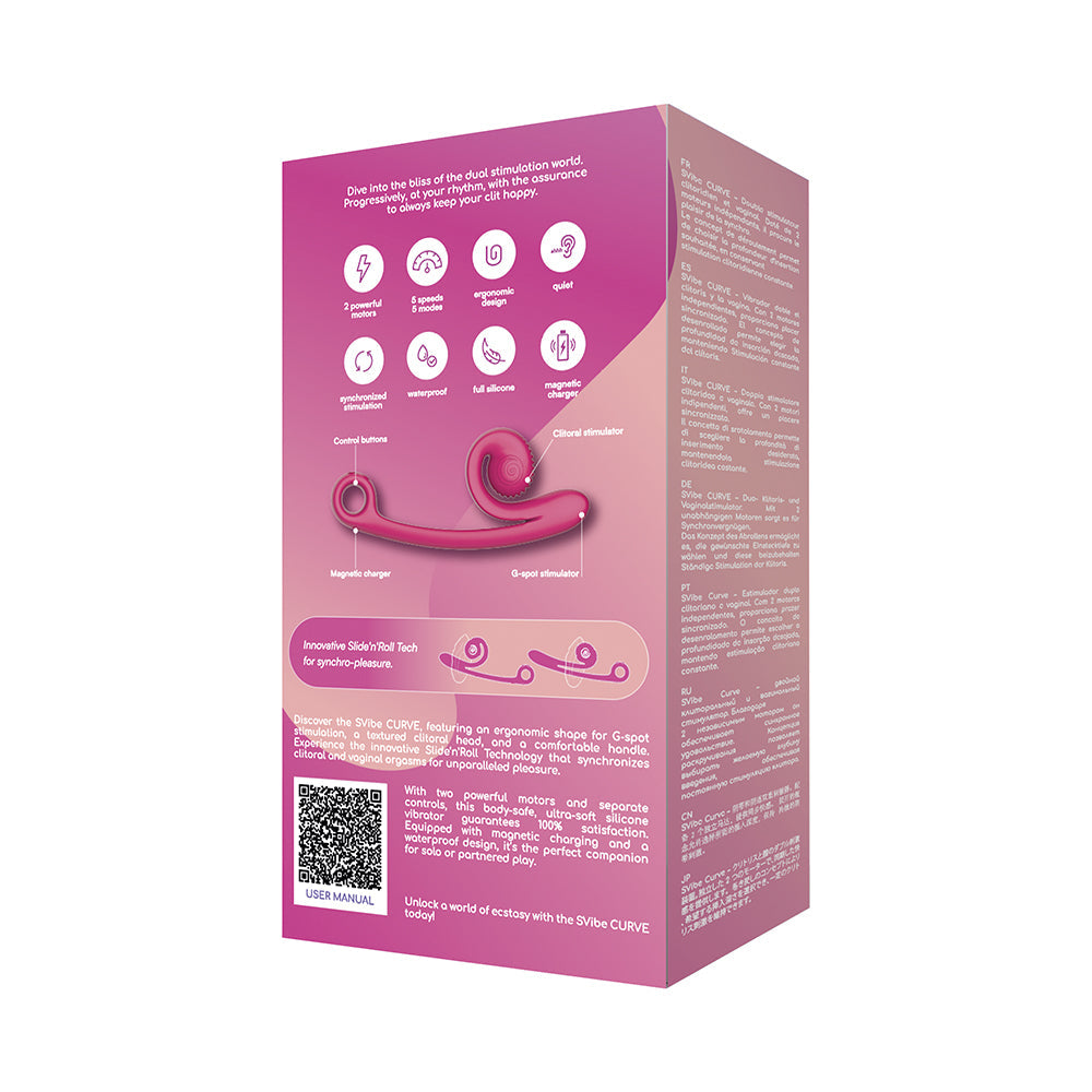 SVibe Snail Curve Dual Vibrator Pink packaging showcasing dual stimulation and ergonomic design for pleasure.