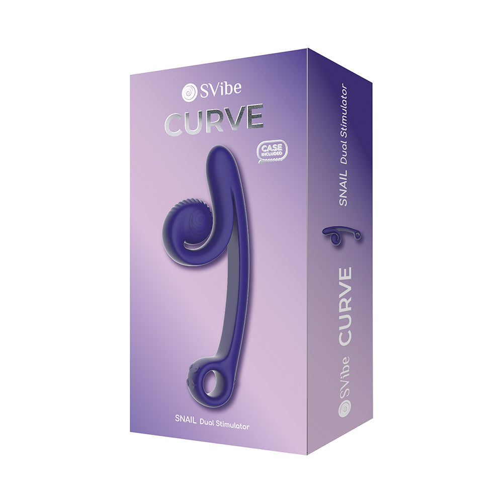 SVibe Snail Curve Dual Vibrator Purple product packaging showcasing ergonomic design and dual stimulation features.