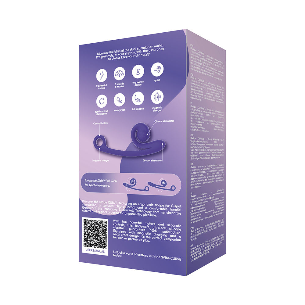 SVibe Snail Curve Dual Vibrator Purple packaging showcasing features and ergonomic design for dual pleasure.