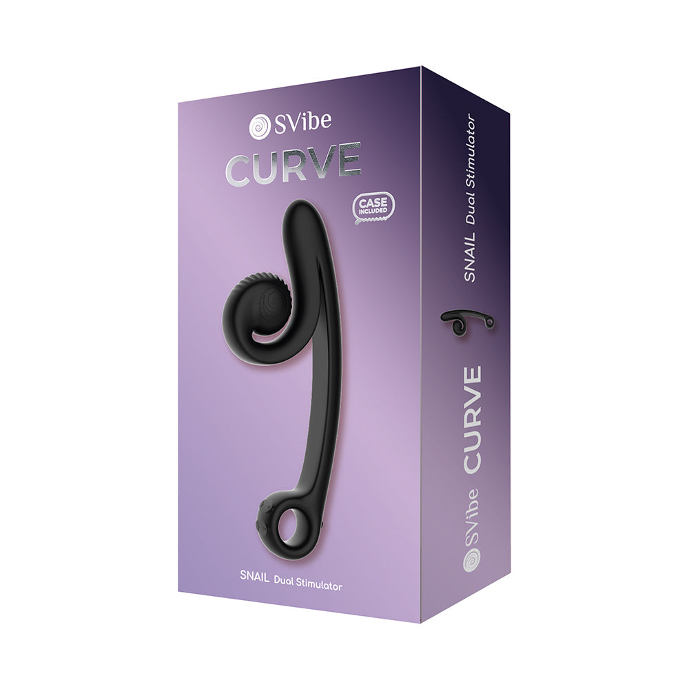 SVibe Snail Curve Vibrator Black packaging with ergonomic design and dual stimulation features.