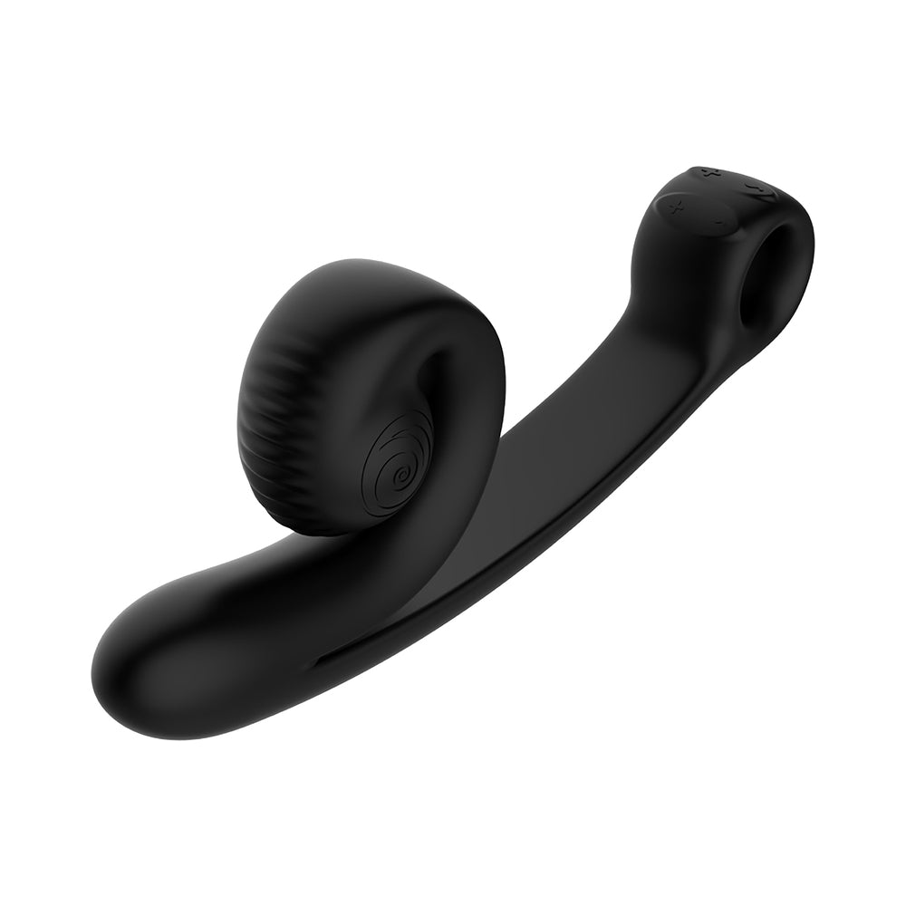 SVibe Snail Curve Vibrator Black showcasing its ergonomic design and textured surface for dual stimulation.