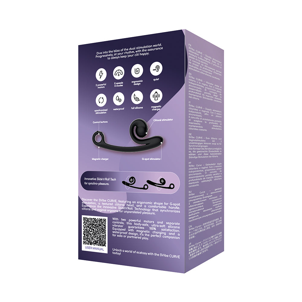 SVibe Snail Curve Vibrator Black packaging showcasing ergonomic design and features for dual stimulation.