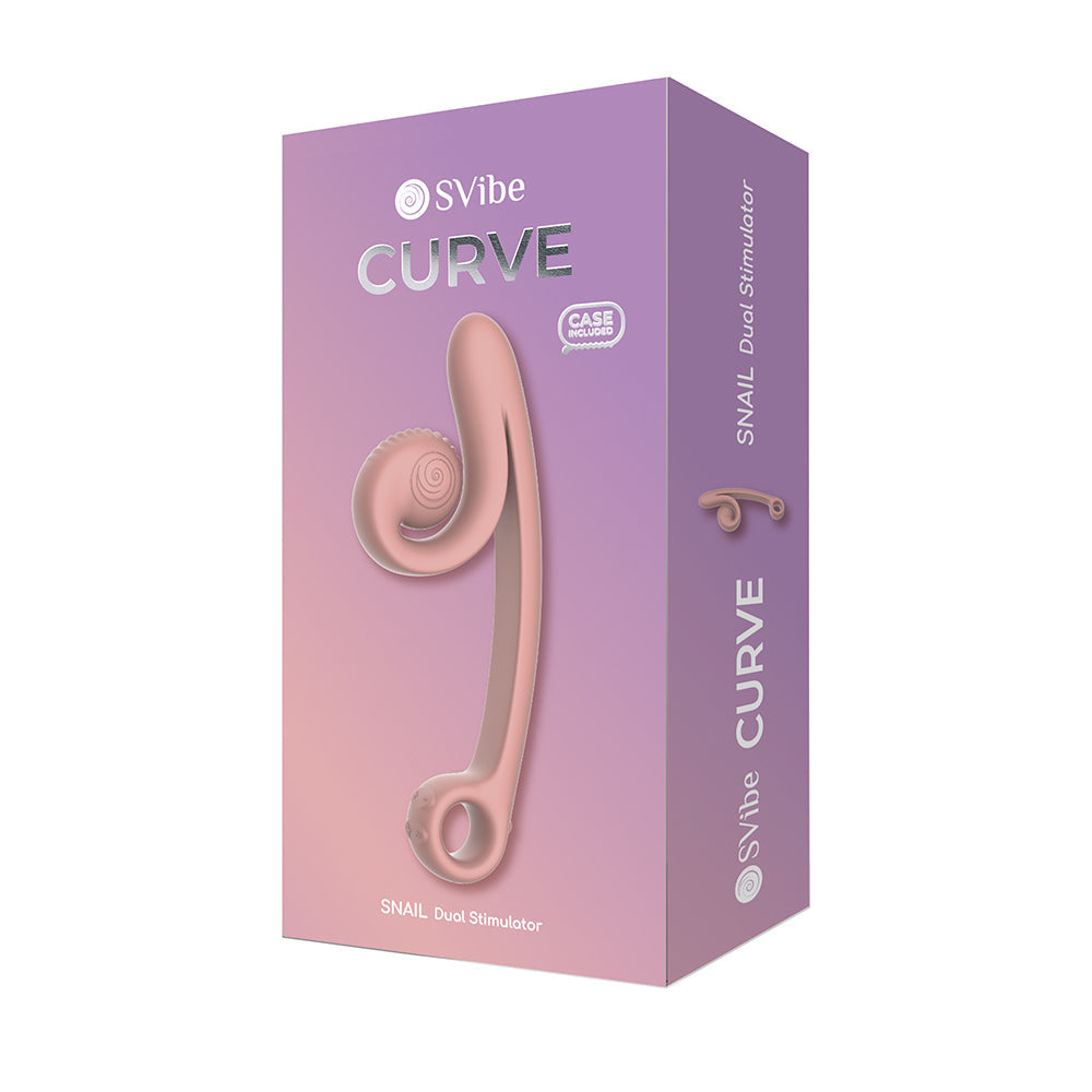 SVibe Snail Curve Dual Stimulator Peach packaging showcasing its ergonomic design and texture.