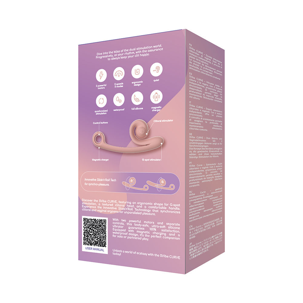 SVibe Snail Curve Dual Stimulator Peach packaging showing features and benefits of dual stimulation.